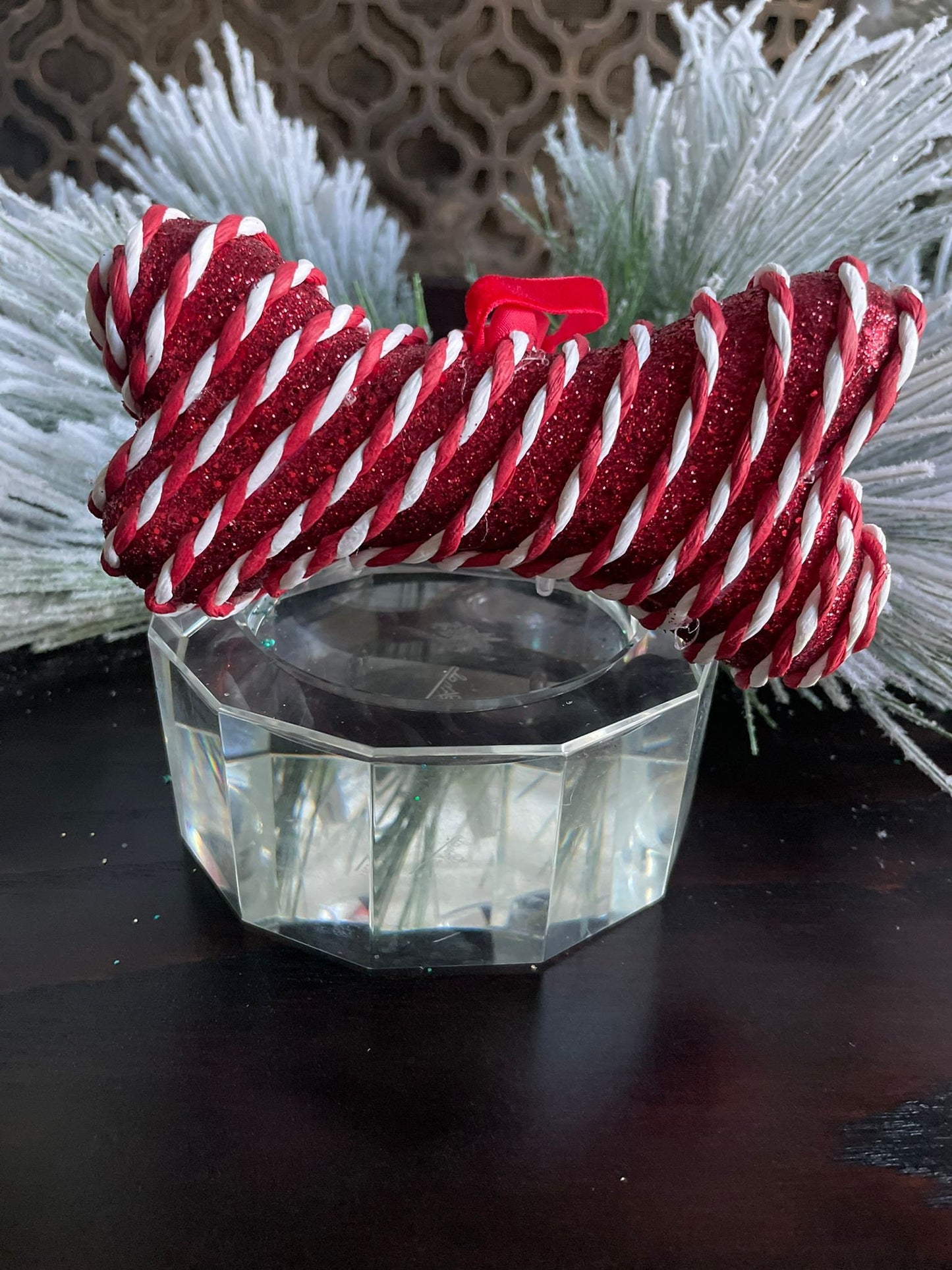 SET of 3. 5"metallic fabric peppermint bone ornament.
