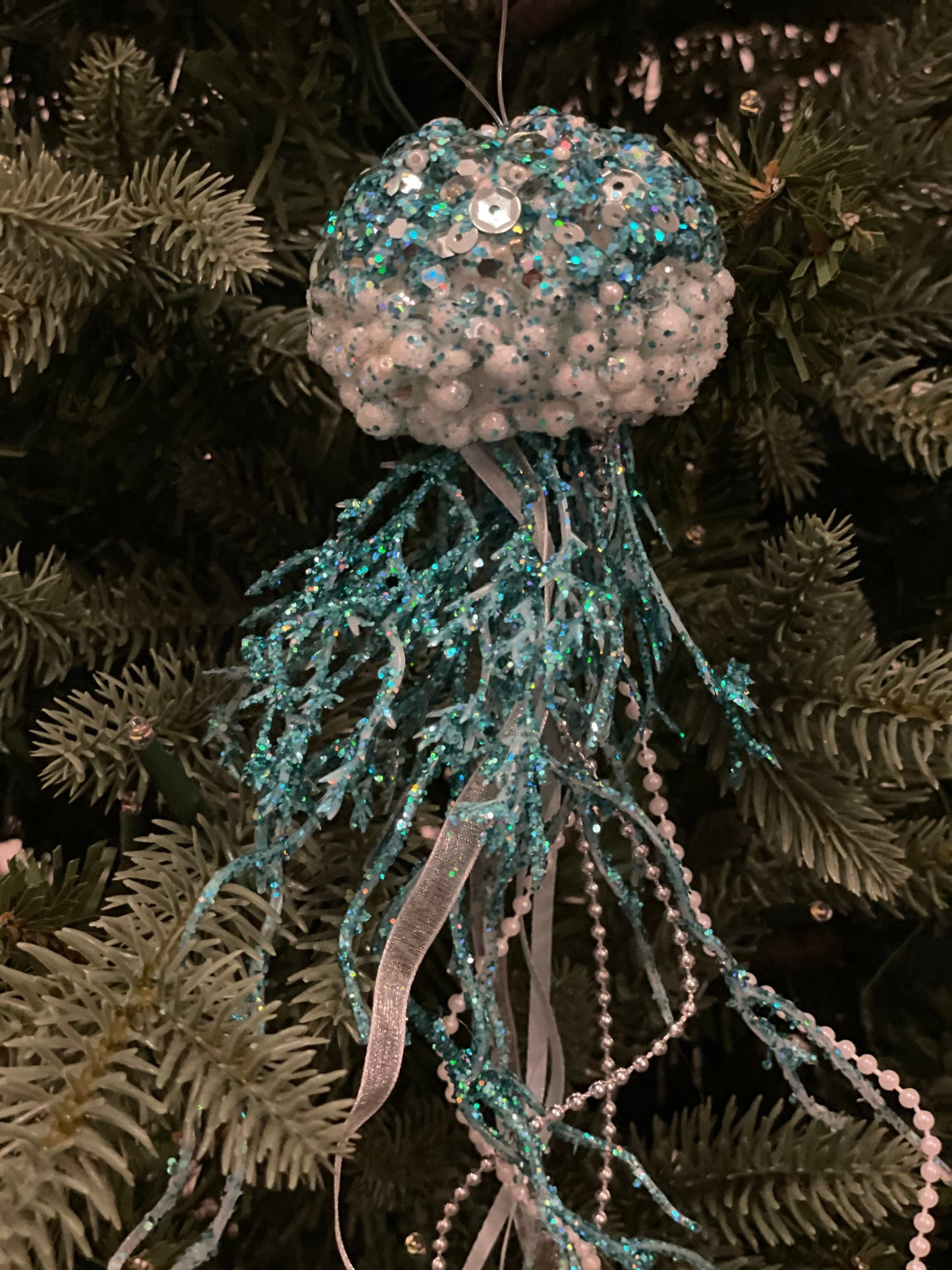 SET of 2. 12"glitter sequins styro jelly fish ornament. Sea or beach theme ornament.