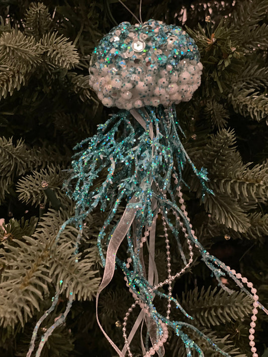 SET of 2. 12"glitter sequins styro jelly fish ornament. Sea or beach theme ornament.