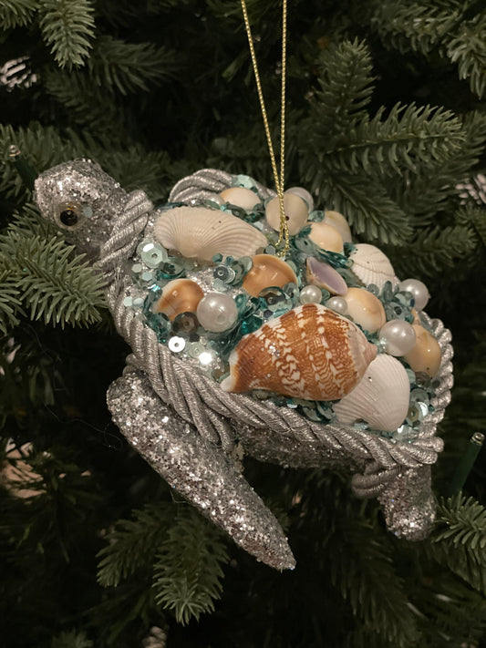 SET of 2. 6"glitter shell turtle ornament. Sea or beach theme ornament.