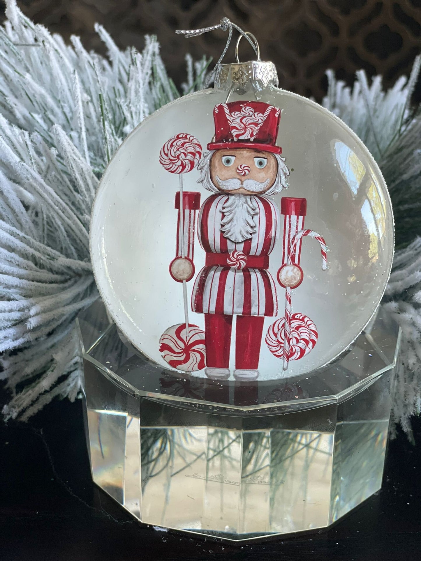 4" Glass candy nutcracker disc ornament.*