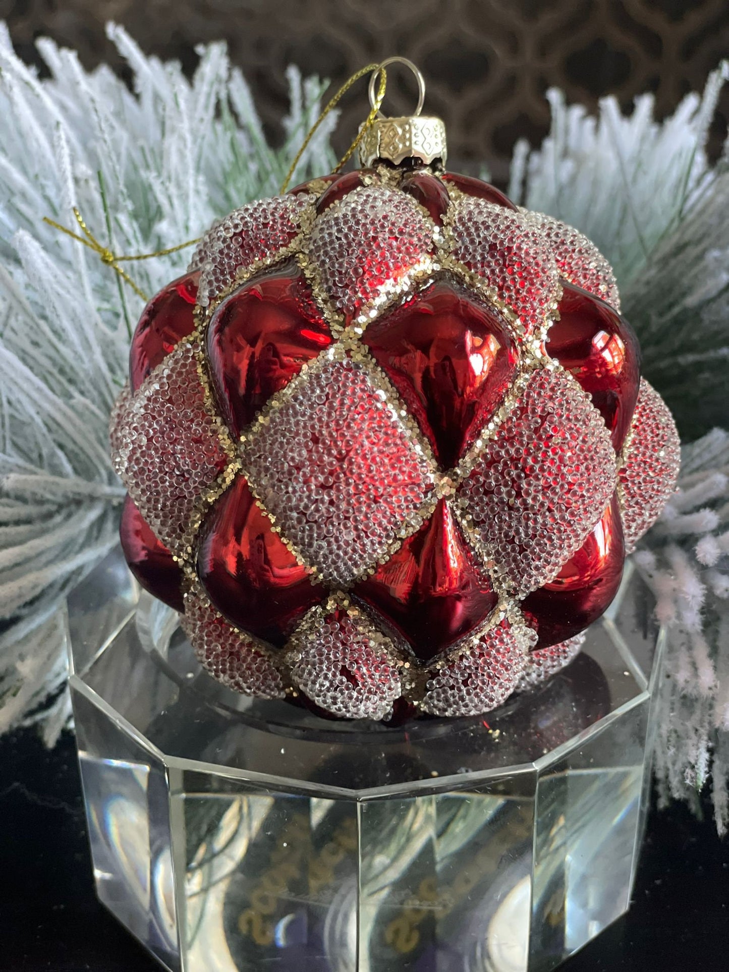 4" glass beaded quilted ball ornament. Red.*