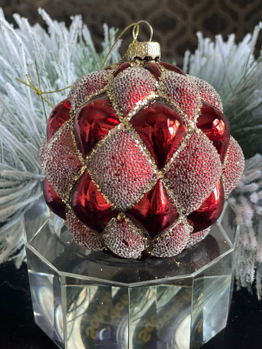 4" glass beaded quilted ball ornament. Red.*