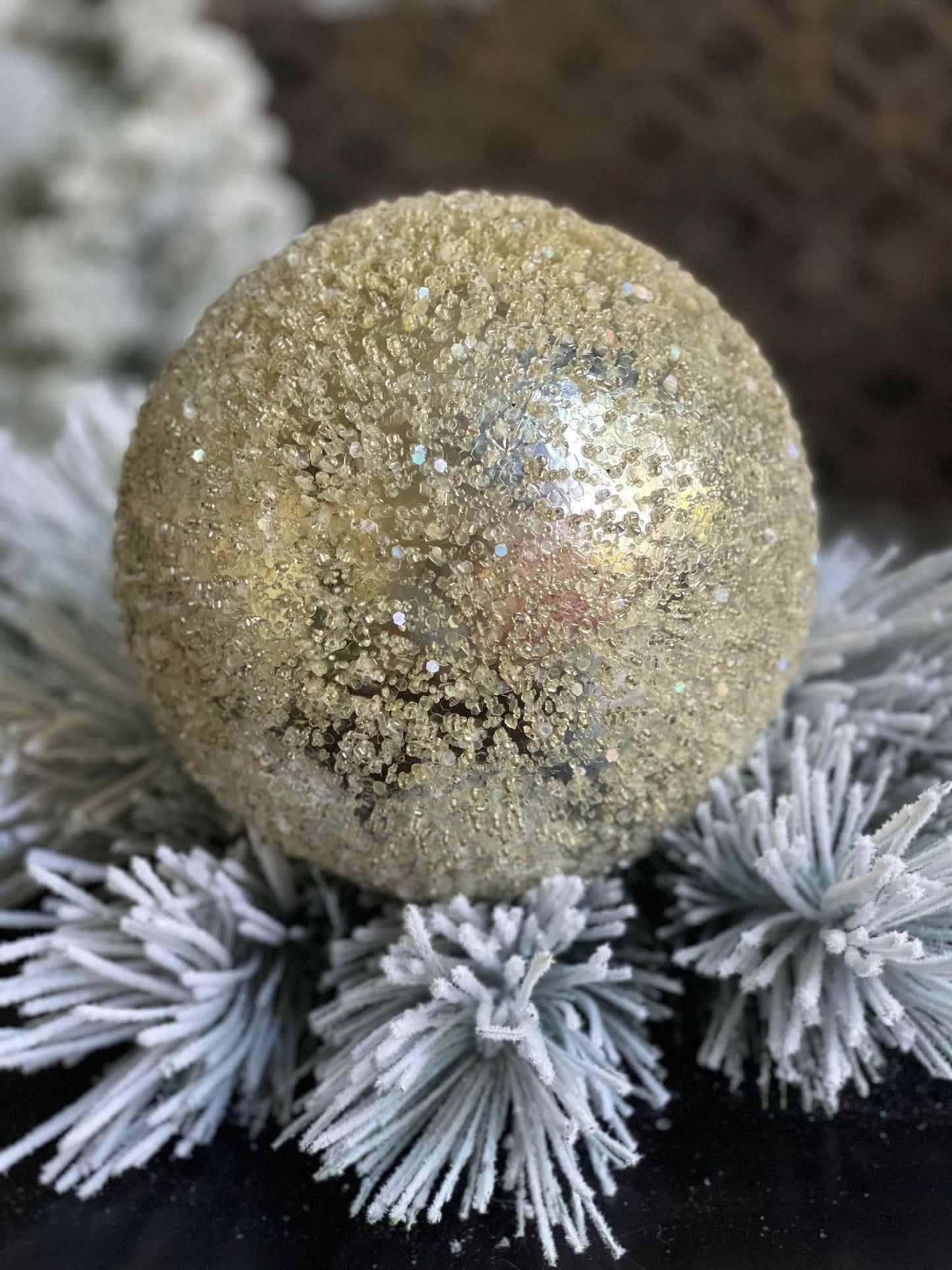 8" Iced metallic ball ornament.*