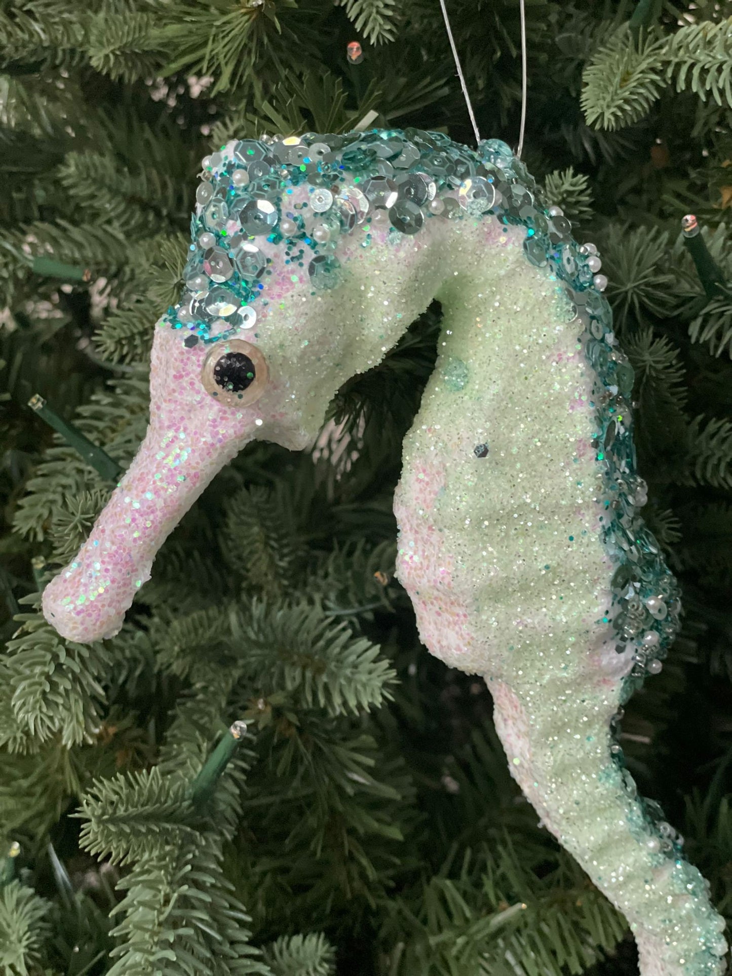 10"glitter and sequins styro seahorse ornament.*