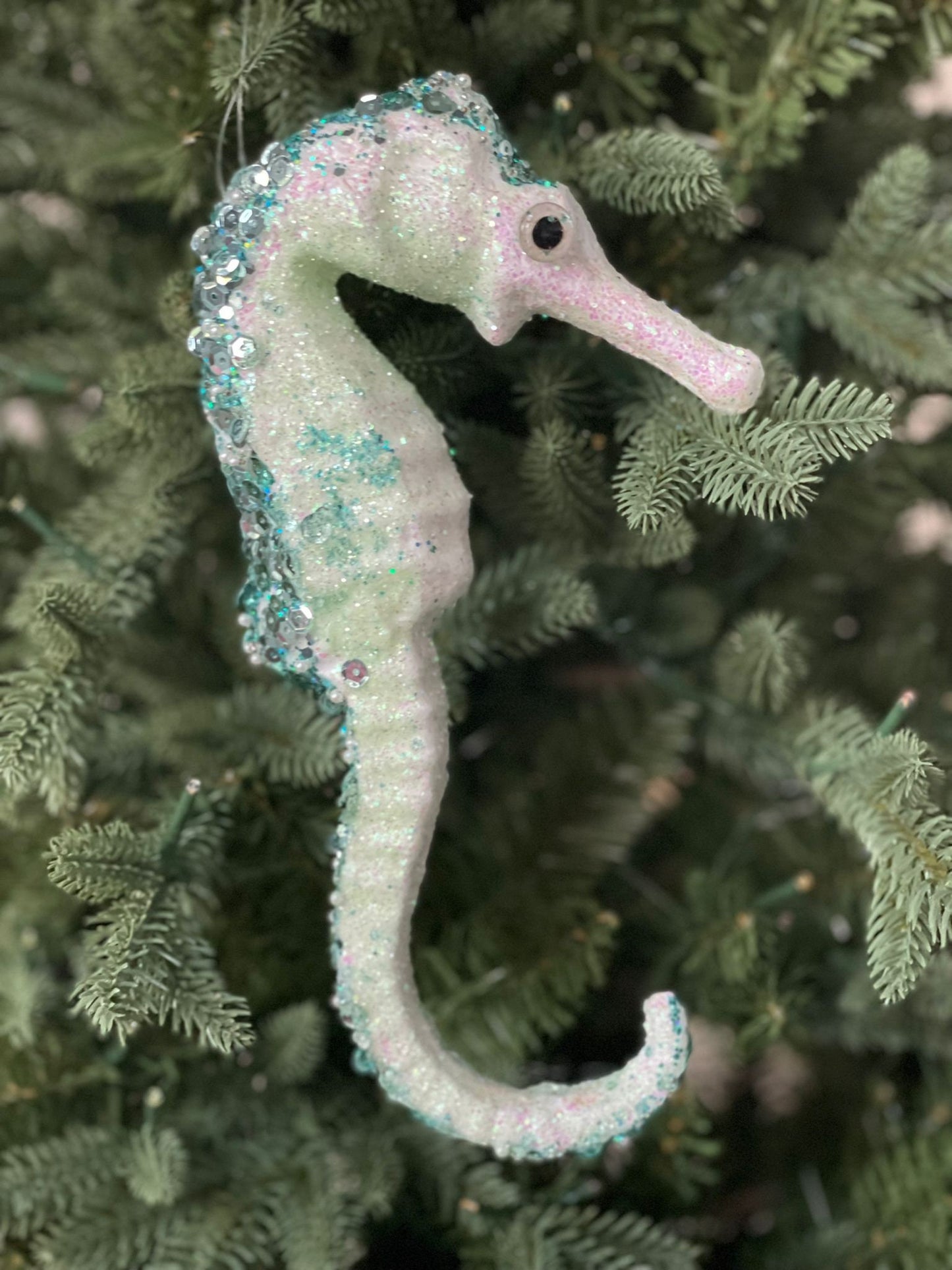 10"glitter and sequins styro seahorse ornament.*