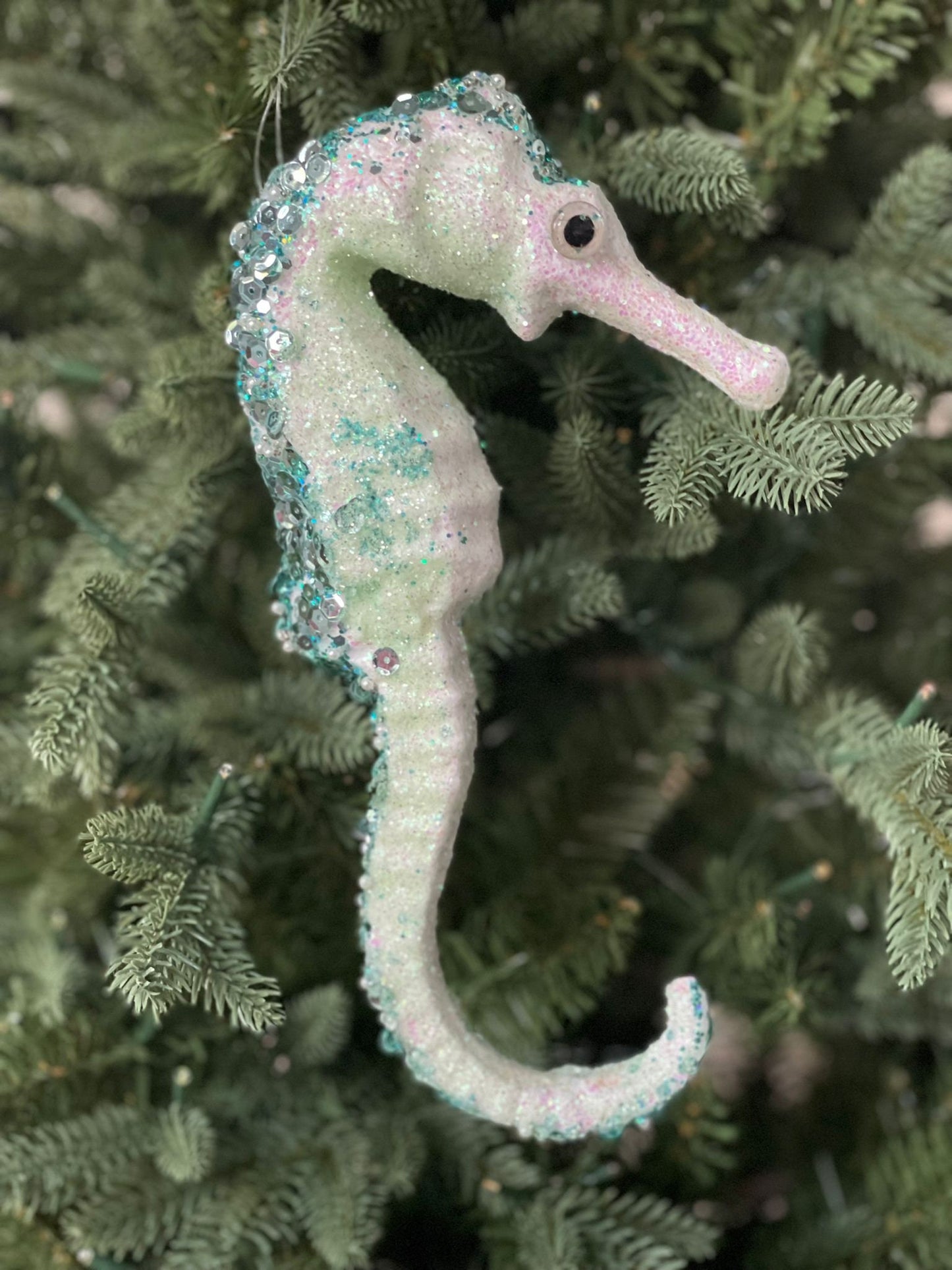 10"glitter and sequins styro seahorse ornament.*