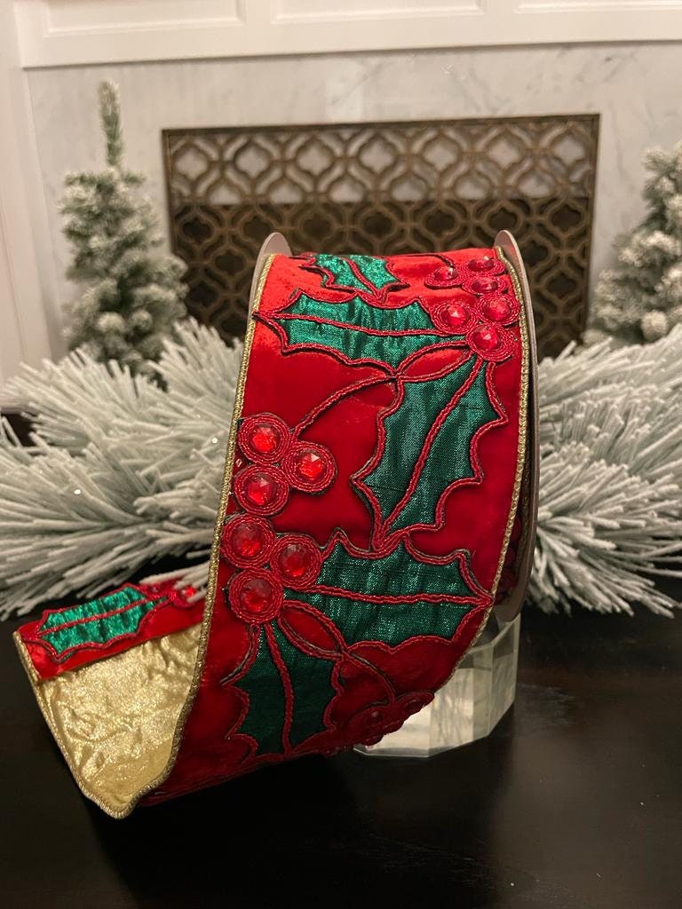 4” x 5 yds Holly on velvet red and emerald.