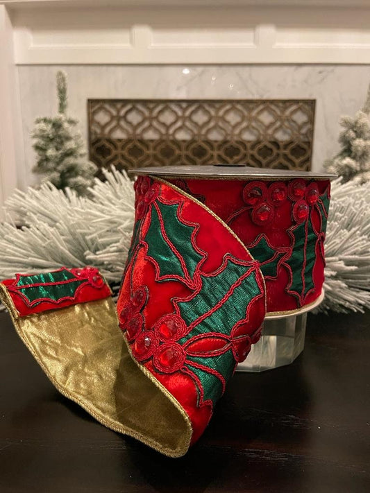 4” x 5 yds Holly on velvet red and emerald.