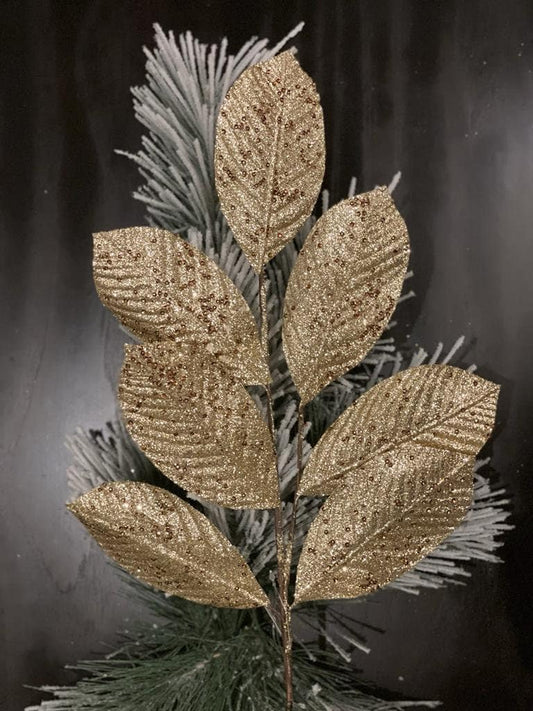 Set of 3. 27" glitter leaf spray. Platinum.