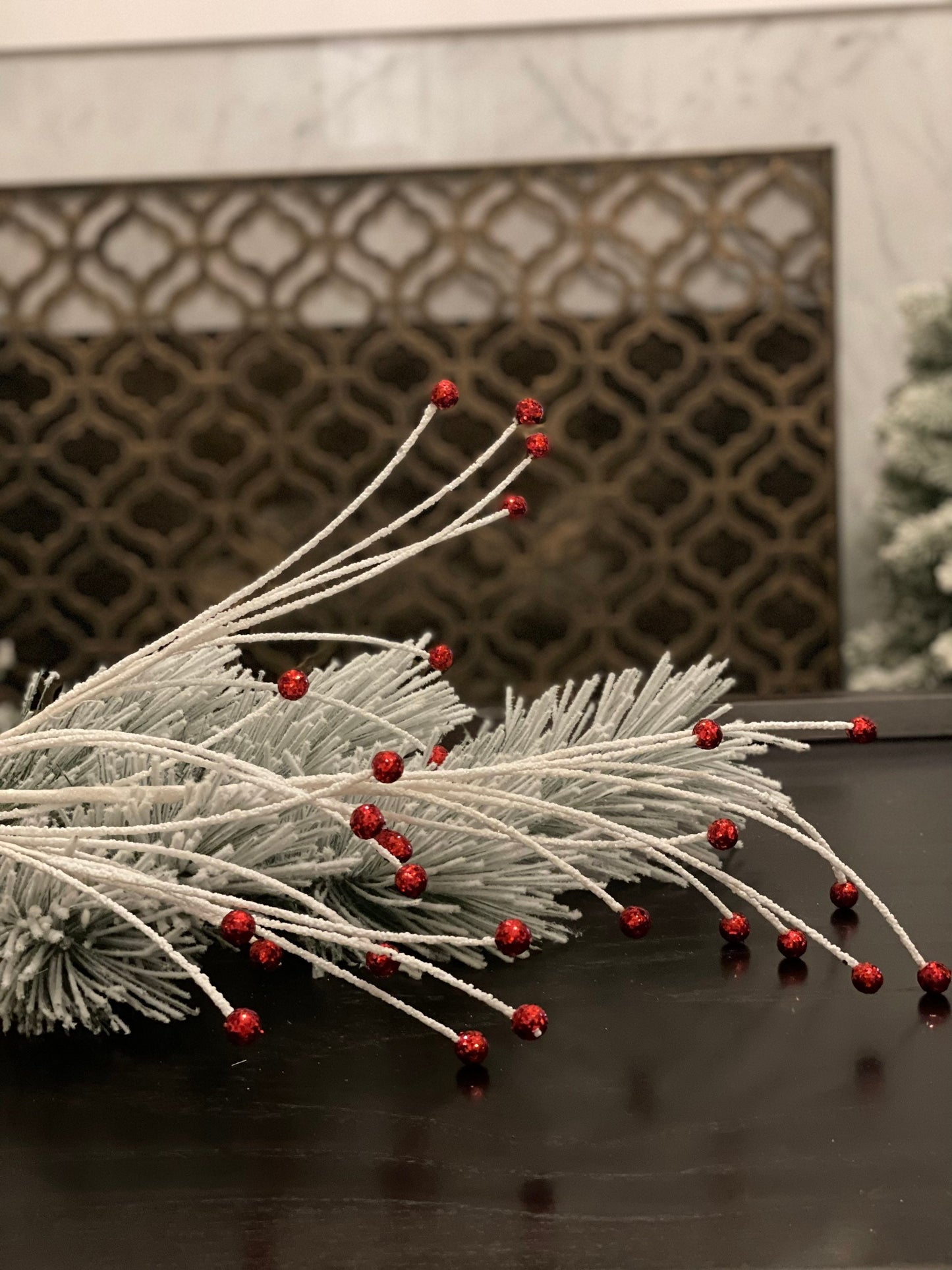 SET of 3. 33" Glitter fountain berry spray. White and red.