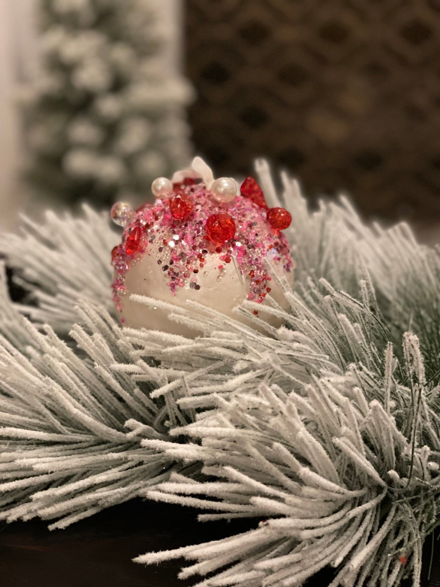 4.5" Pearl jeweled ball. White, red and pink.