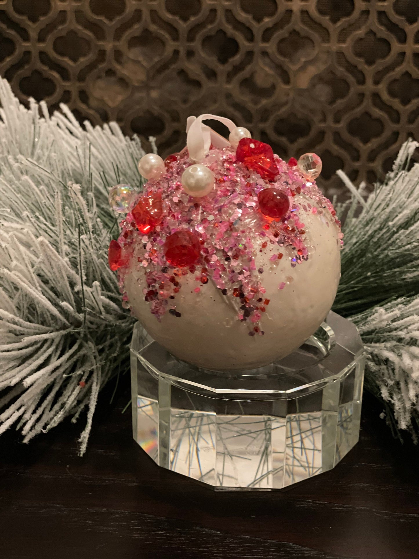4.5" Pearl jeweled ball. White, red and pink.