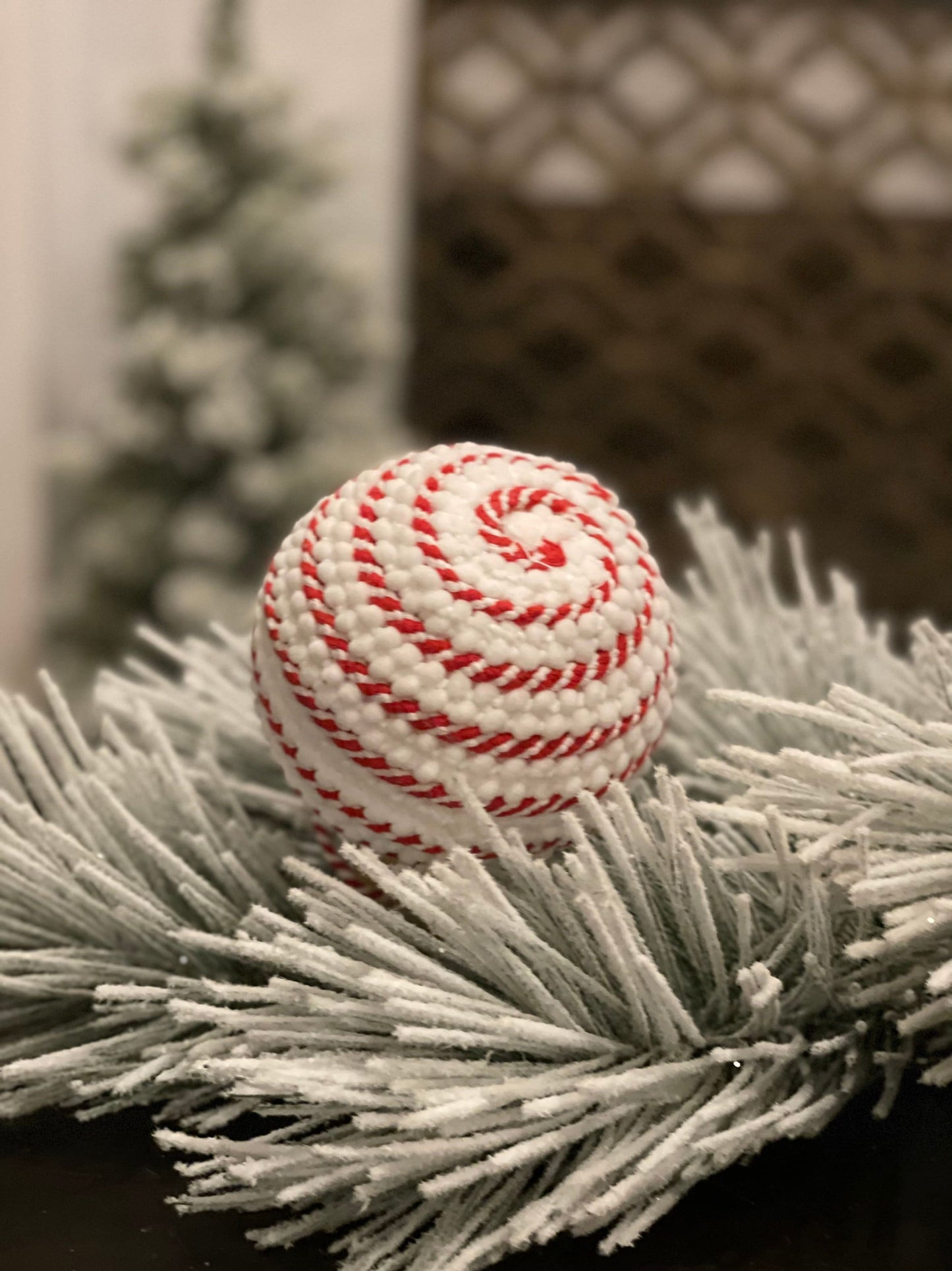 SET of 2. 4" Swirl cord ball ornament. Red and white.