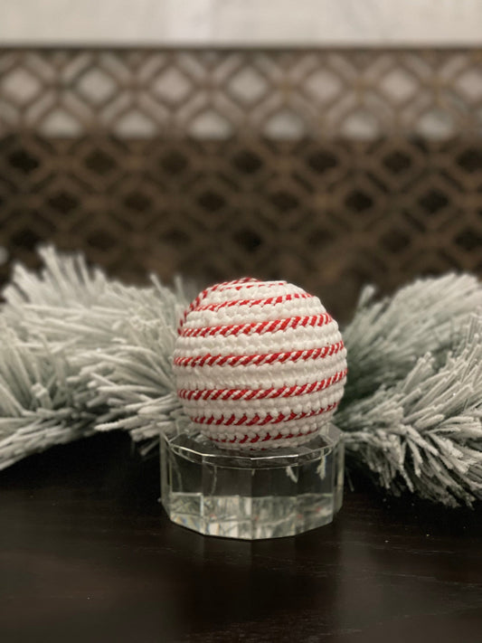 SET of 2. 4" Swirl cord ball ornament. Red and white.