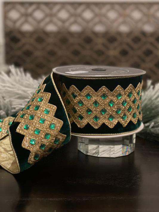 4” x 5 yds. Velvet bejeweled lattice emerald ribbon. Wired. Farrisilk.*