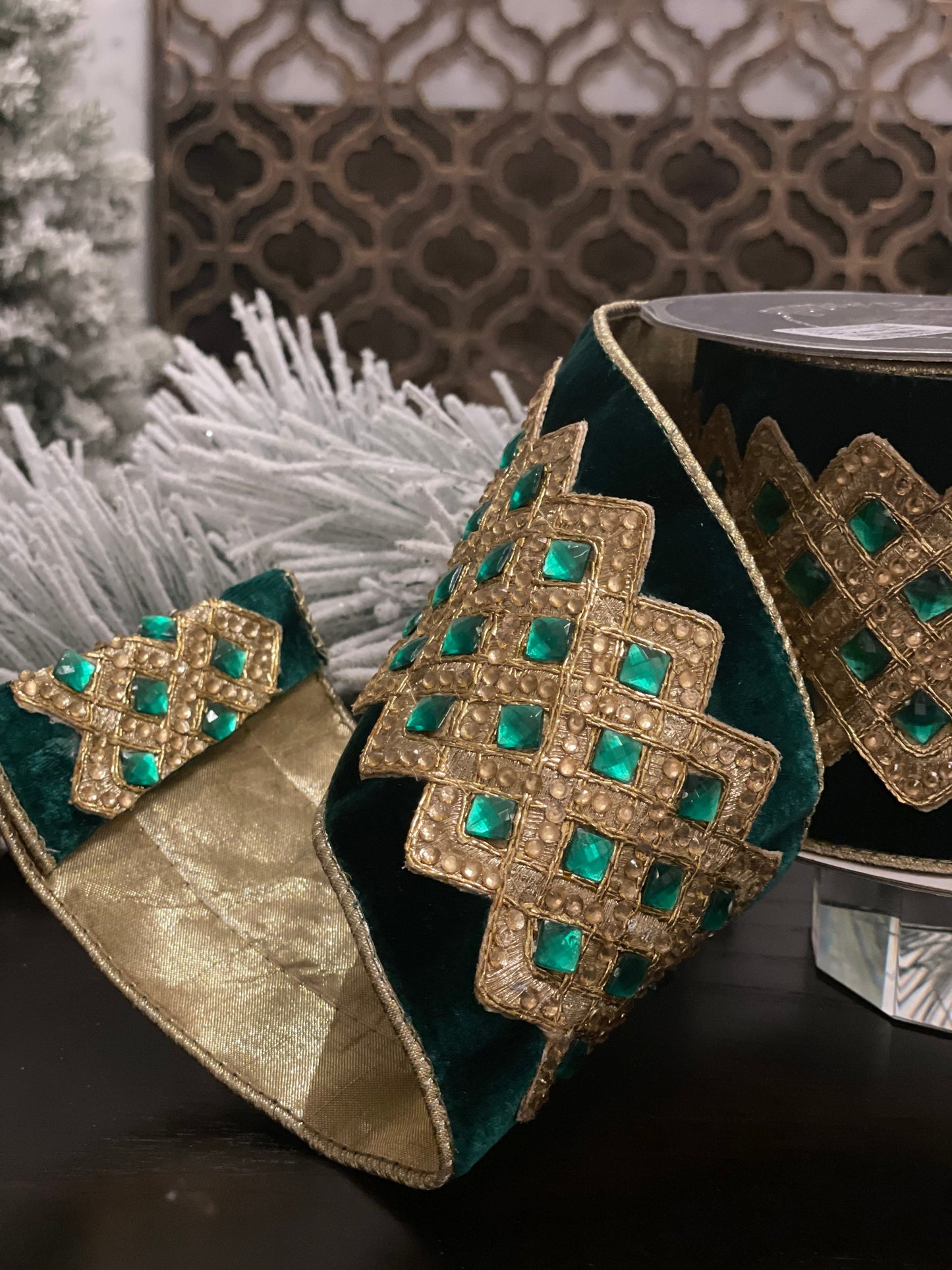 4” x 5 yds. Velvet bejeweled lattice emerald ribbon. Wired. Farrisilk.*