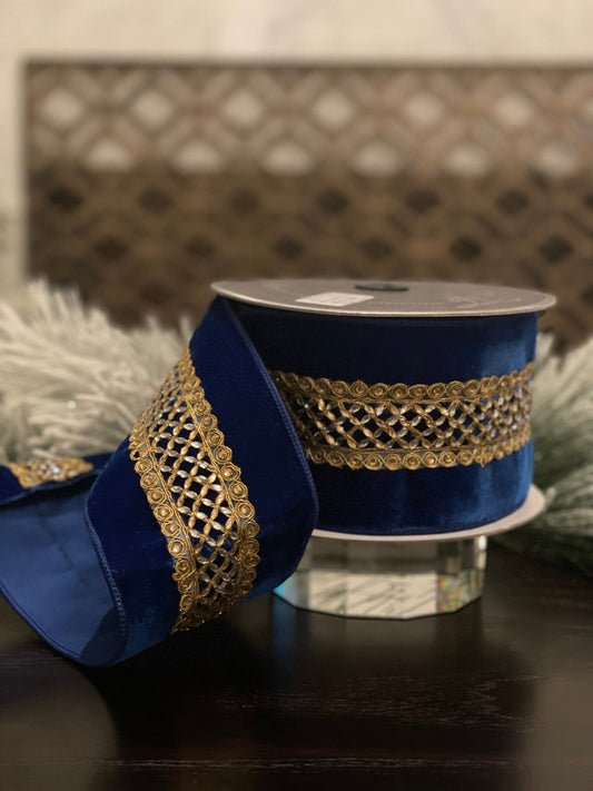 4”x 5 yards. Designer royal lattice velvet ribbon. Royal blue. Wired. Farrisilk.*