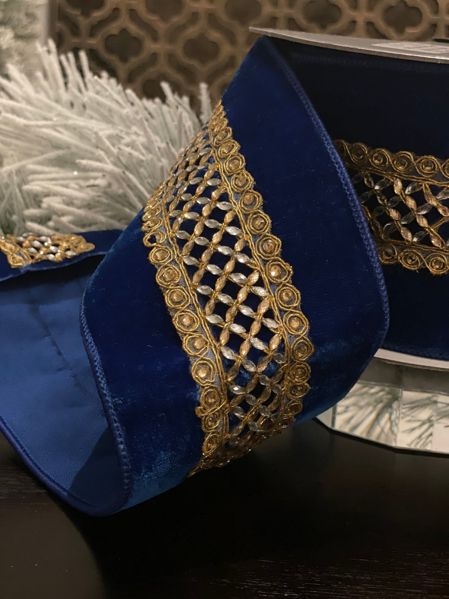 4”x 5 yards. Designer royal lattice velvet ribbon. Royal blue. Wired. Farrisilk.*