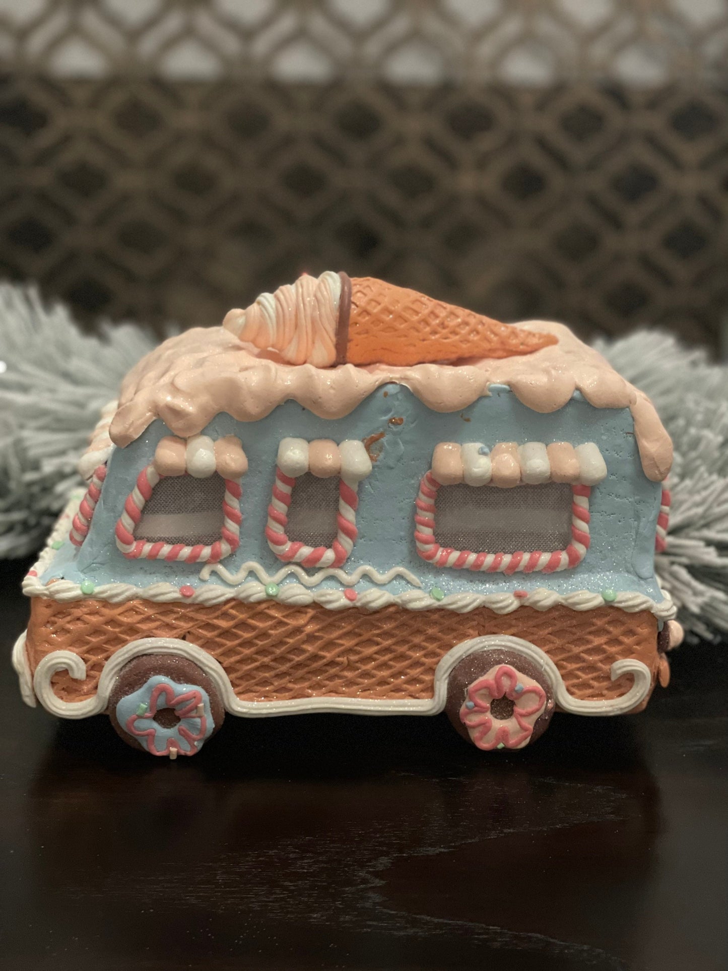 11”L x 8”H x 6W. Gingerbread ice cream truck. Lighted. Pastel colors.