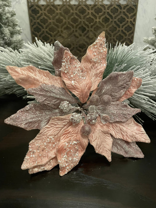 9.5” Poinsettia beaded pick with clip. Blush pink