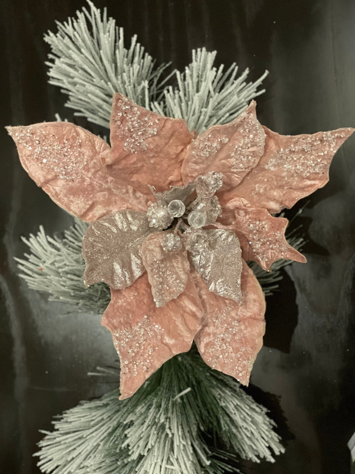 19" Extra large Poinsettia stem pink glitter, jewels and beads, 19" tip to tip. Stem measures 14”.