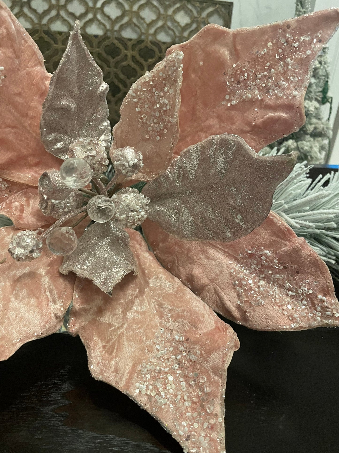 19" Extra large Poinsettia stem pink glitter, jewels and beads, 19" tip to tip. Stem measures 14”.