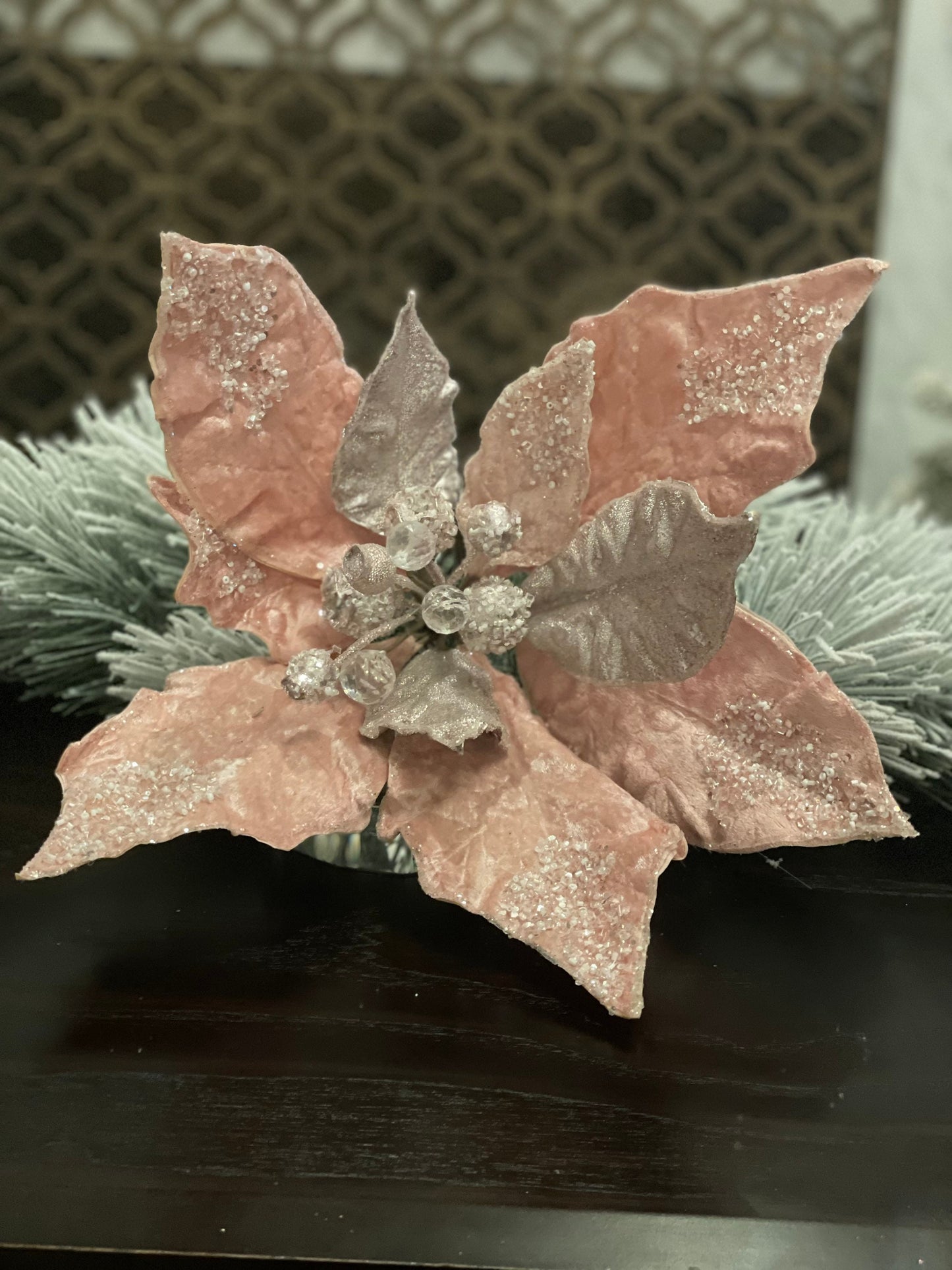 19" Extra large Poinsettia stem pink glitter, jewels and beads, 19" tip to tip. Stem measures 14”.