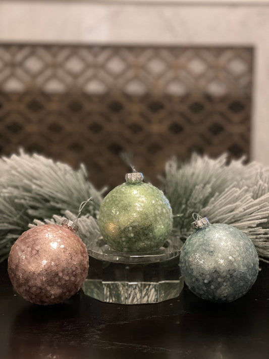 3"Glass sequin pearlized ball ornament. Set of 3. Blue, green and pink.