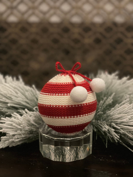 5" Striped knit ball ornament. White and red.