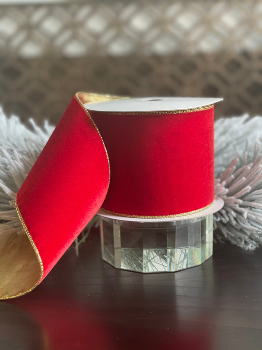 4" x 10 Yards deluxe velvet wired ribbon red/ gold*