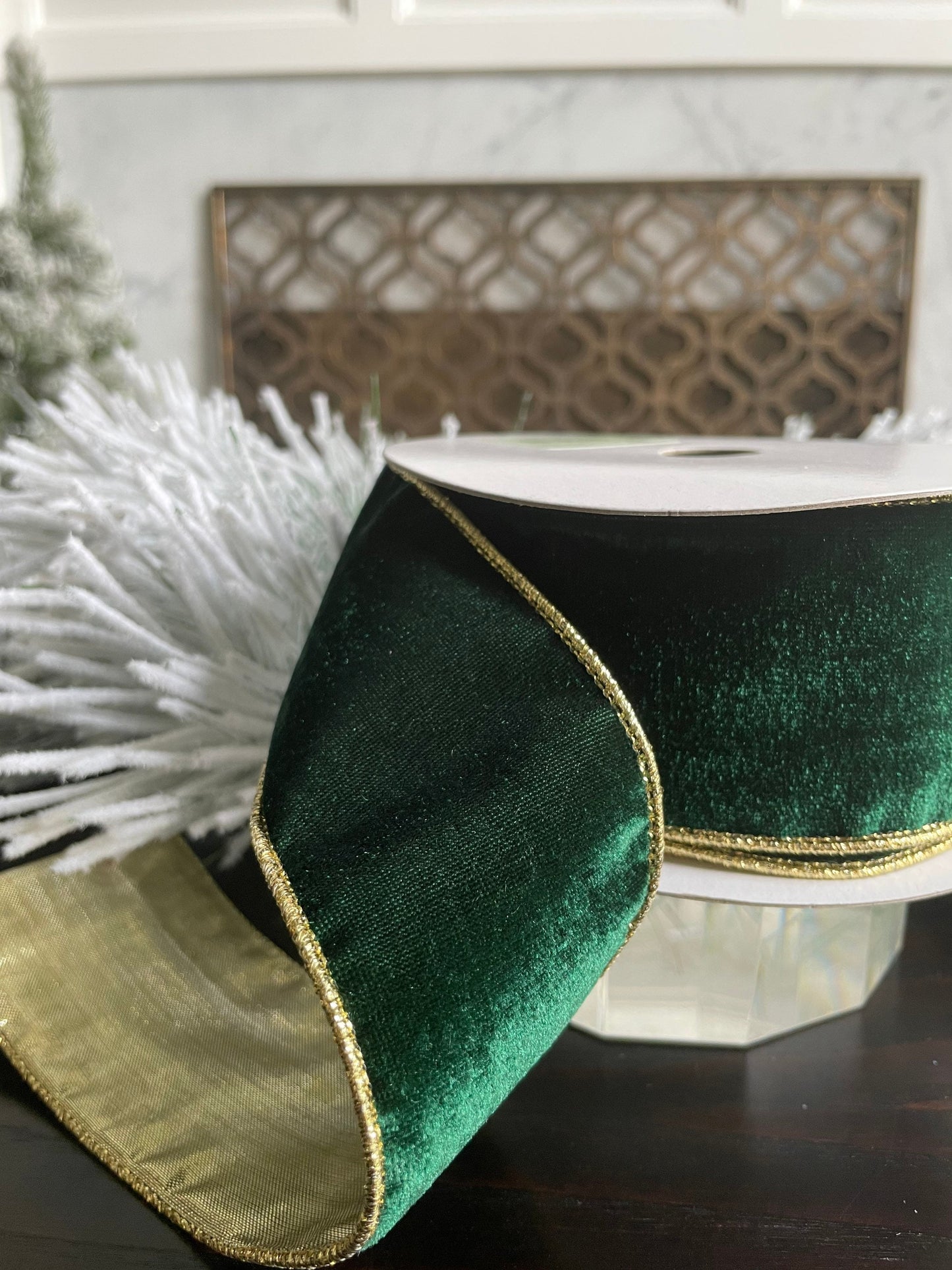 velvet emerald ribbon with gold back. Emerald and gold. 2.5”x 10 yards. Wired.*