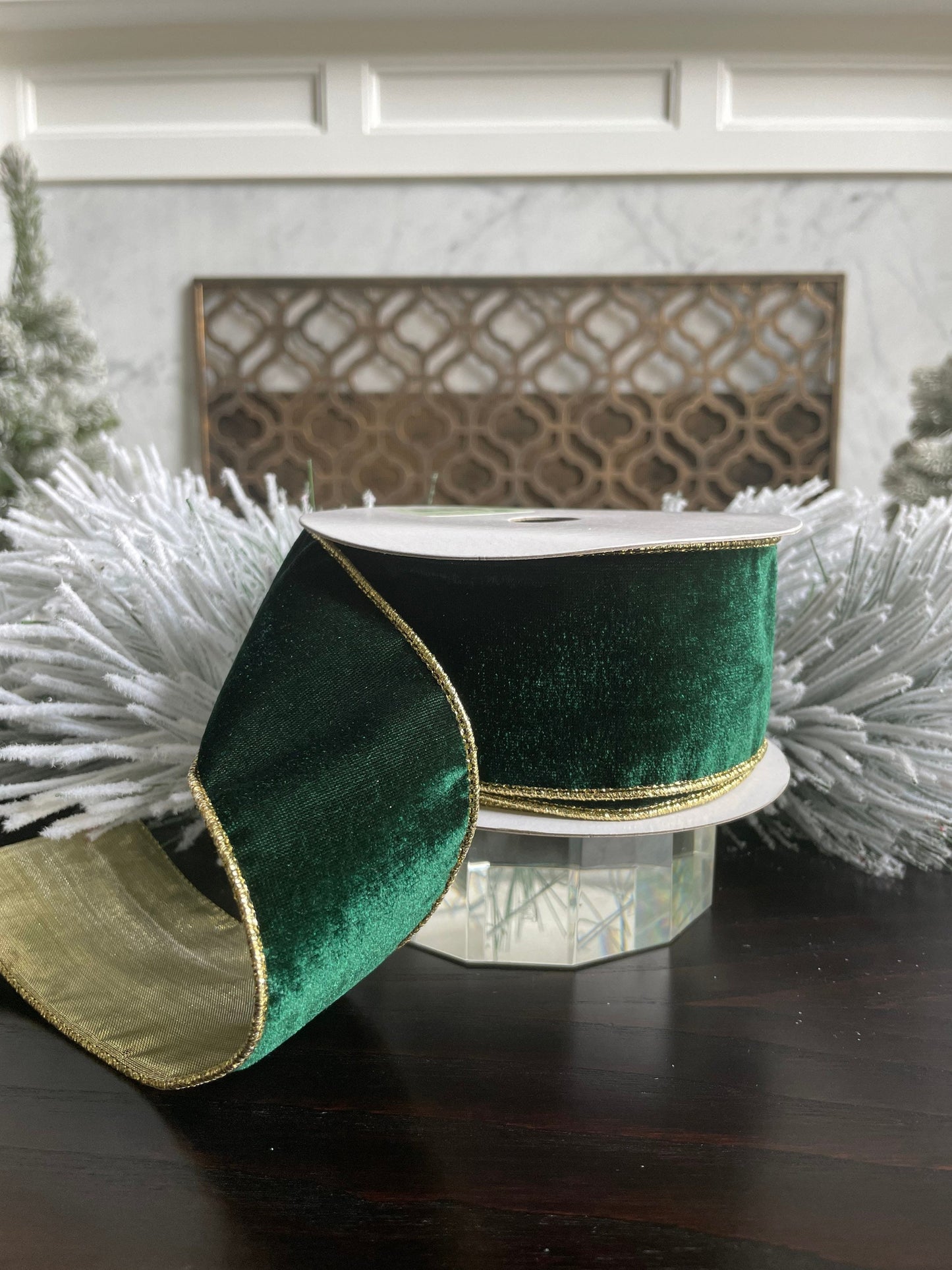 velvet emerald ribbon with gold back. Emerald and gold. 2.5”x 10 yards. Wired.*