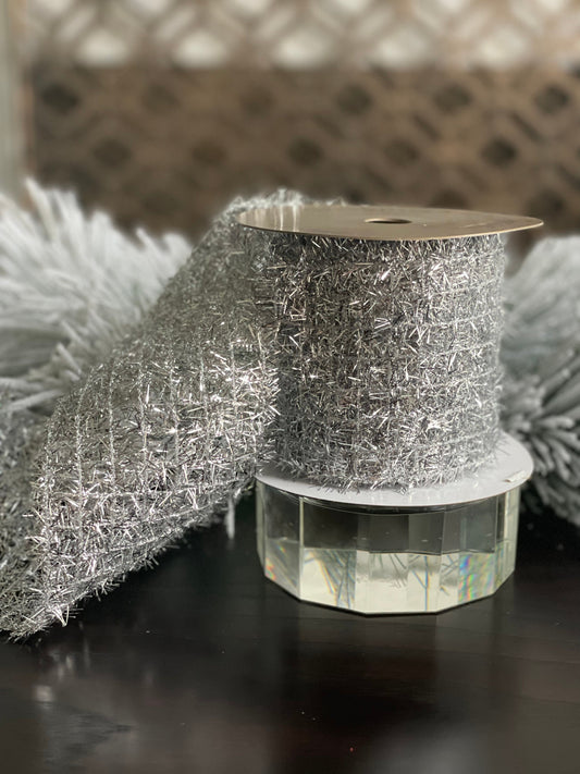 4x10" yds. Silver tinsel ribbon. Wired.