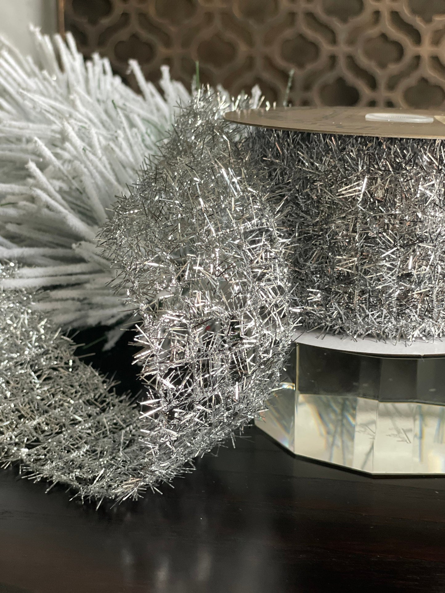 2.5X10" yds. Silver tinsel ribbon. Wired