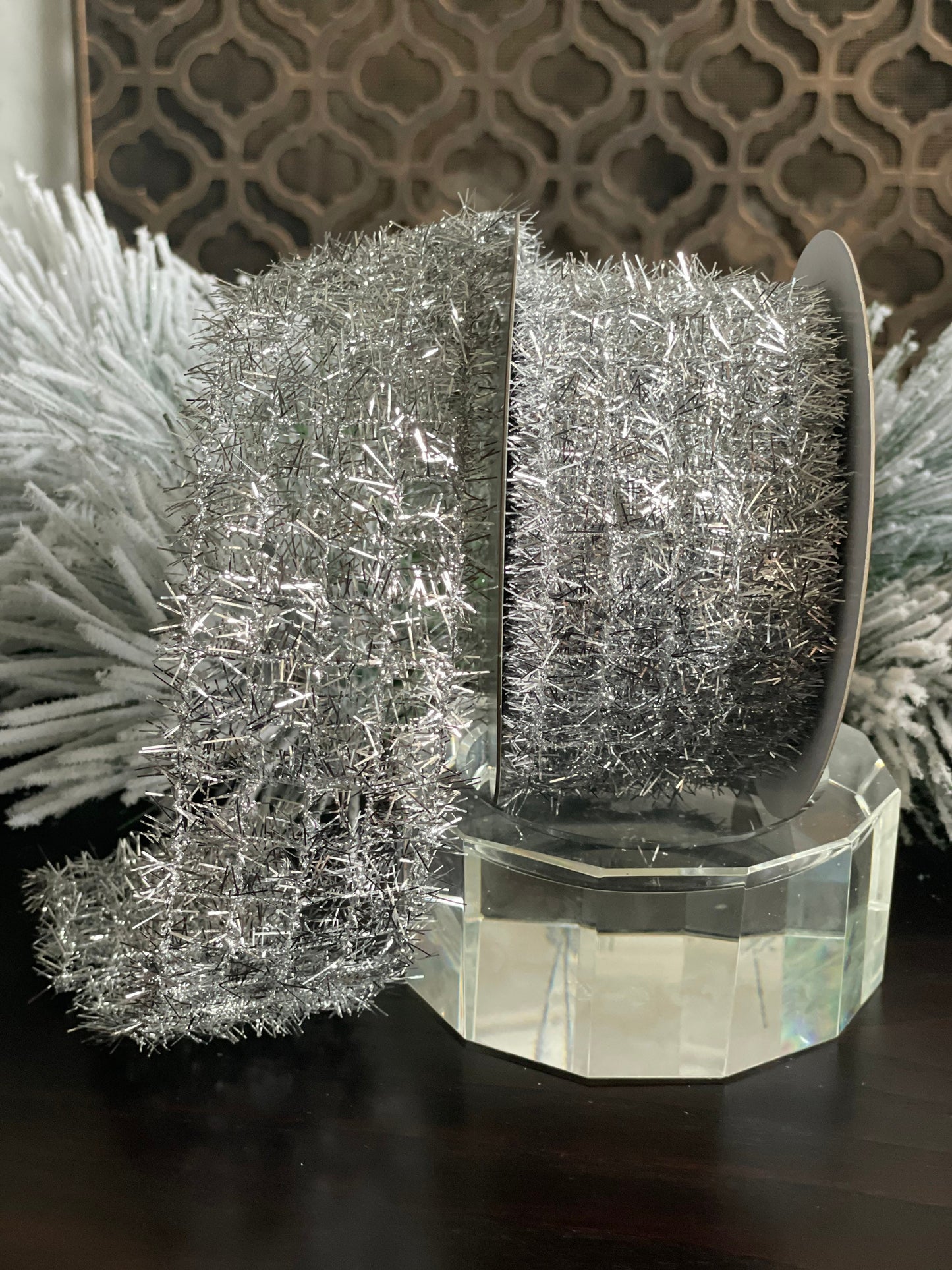 2.5X10" yds. Silver tinsel ribbon. Wired