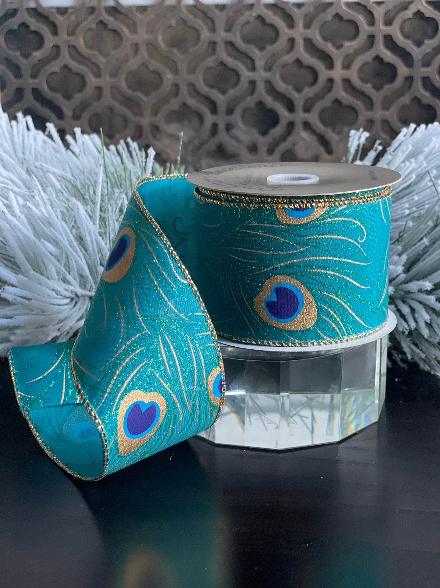 2.5"x10 yds. peacock ribbon. Wired.