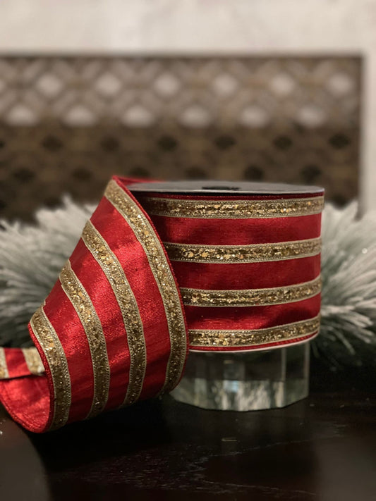 4” x10 yds. chunk glitter stripes red and gold. Farrisilk. Wired.