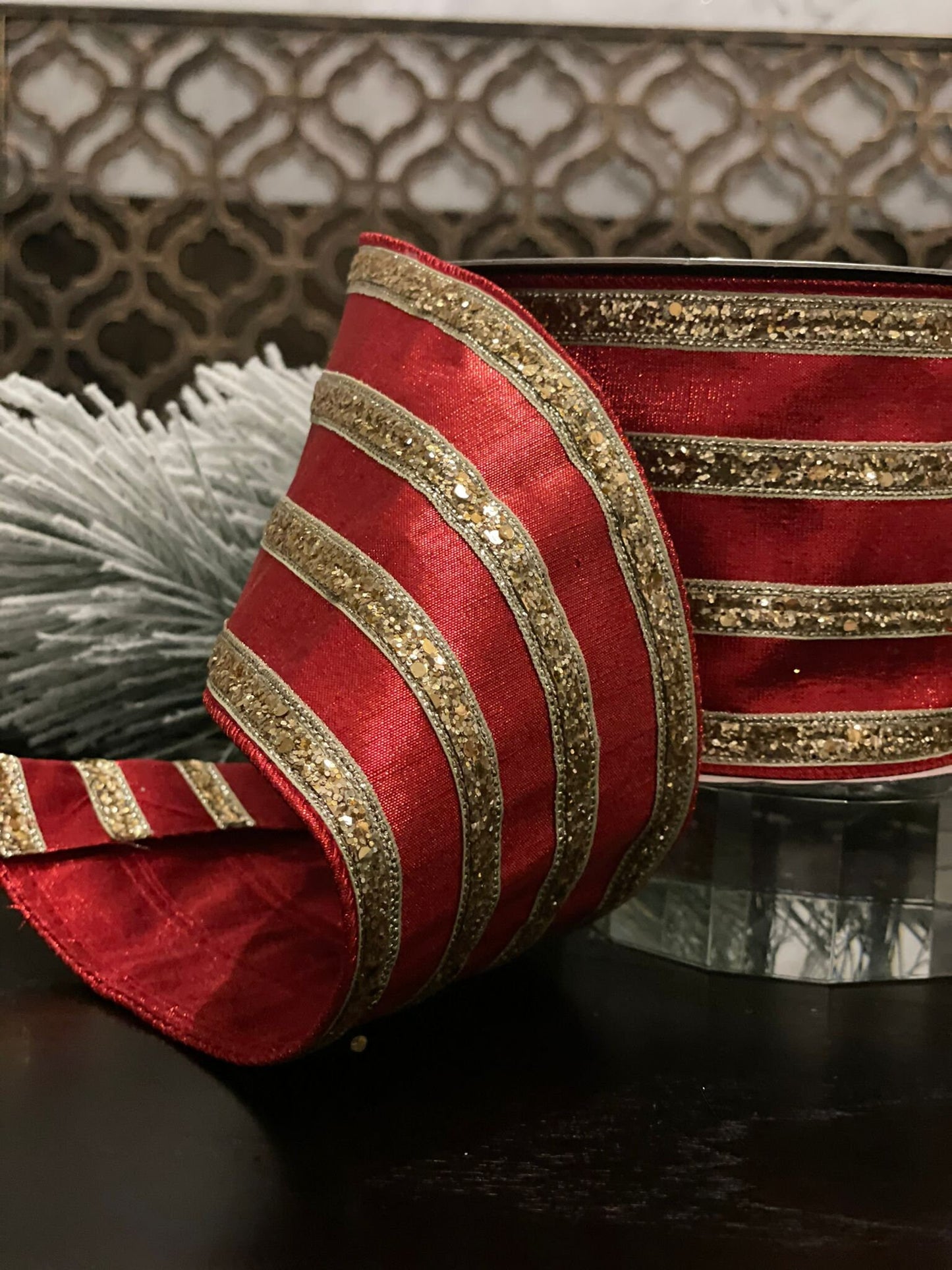 4” x10 yds. chunk glitter stripes red and gold. Farrisilk. Wired.