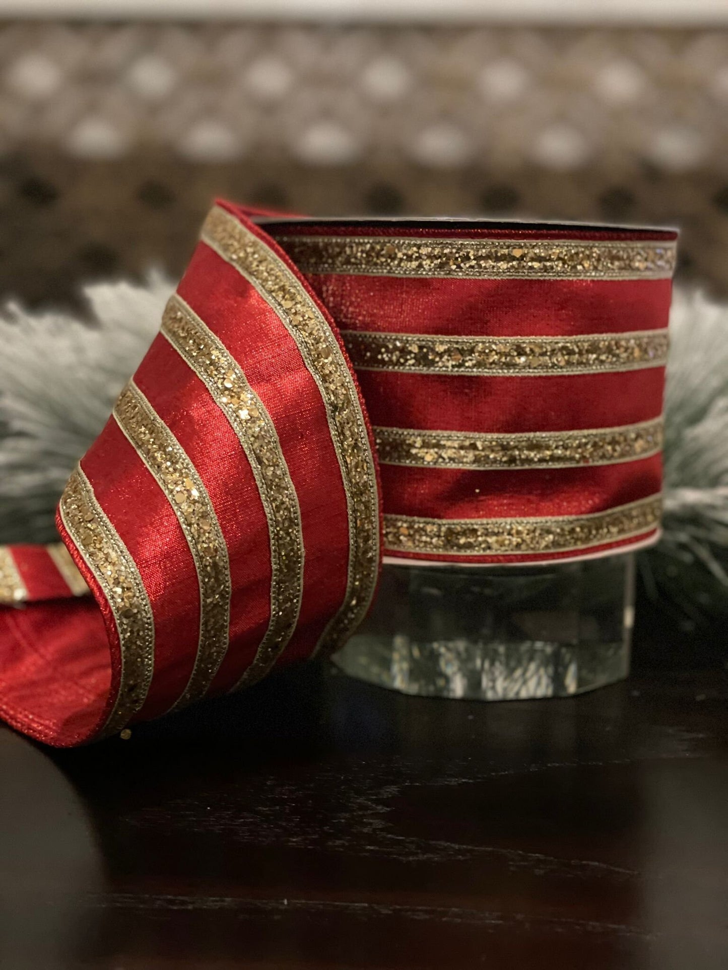 4” x10 yds. chunk glitter stripes red and gold. Farrisilk. Wired.