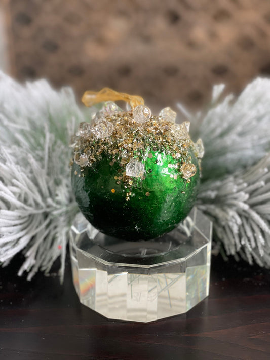4" Heavy jeweled ball ornament. Emerald gold.