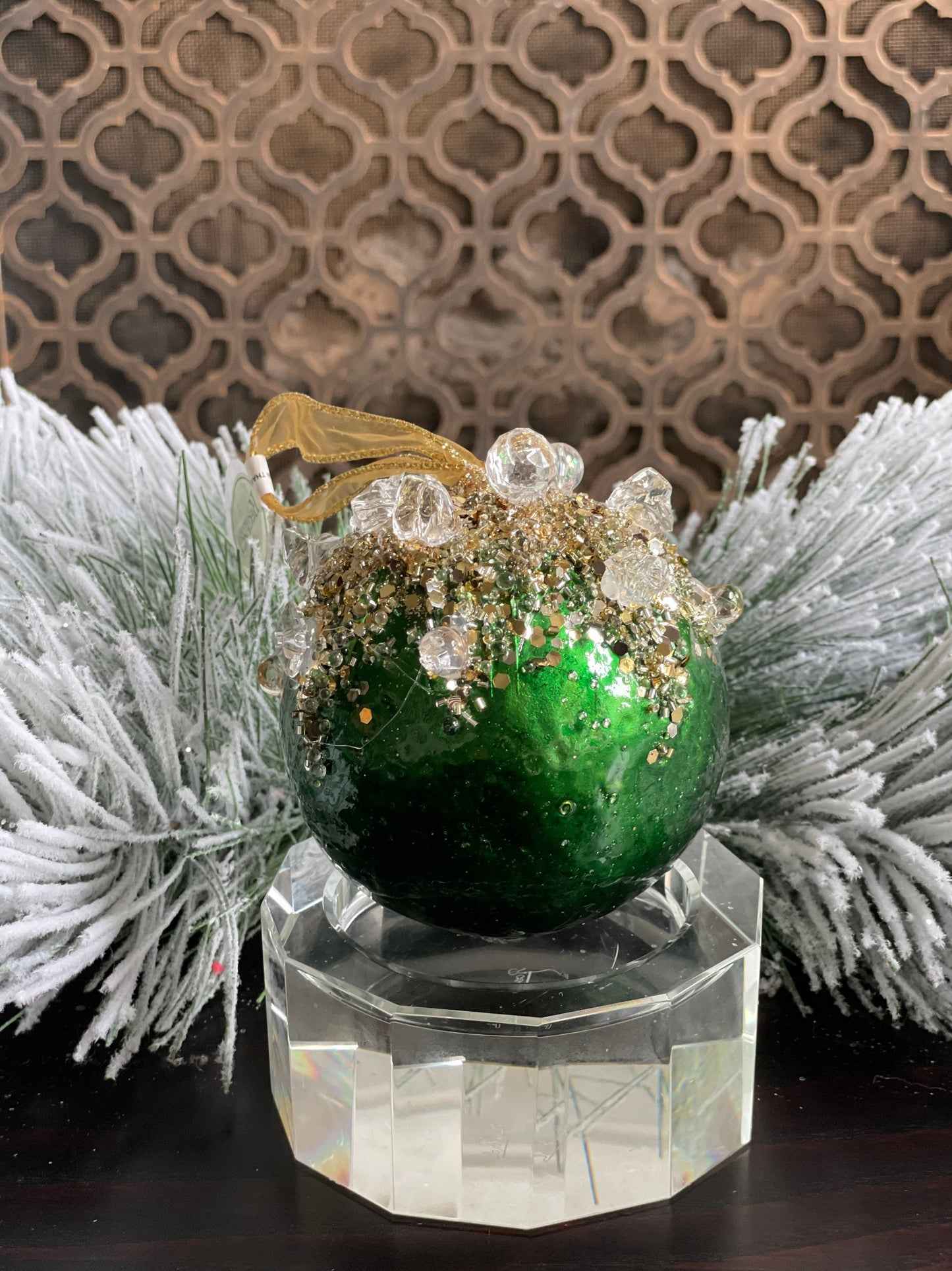 4" Heavy jeweled ball ornament. Emerald gold.