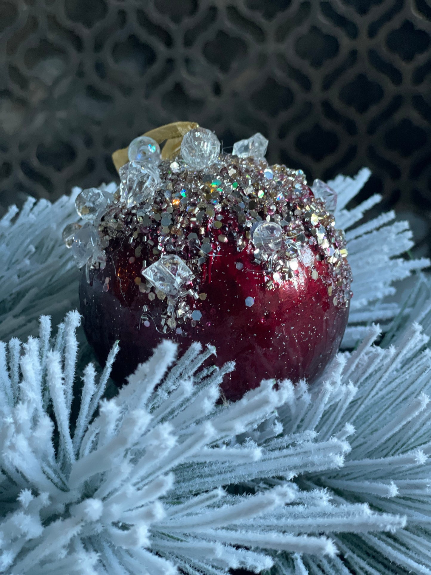 4"Heavy jeweled ball ornament. Burgundy and gold.