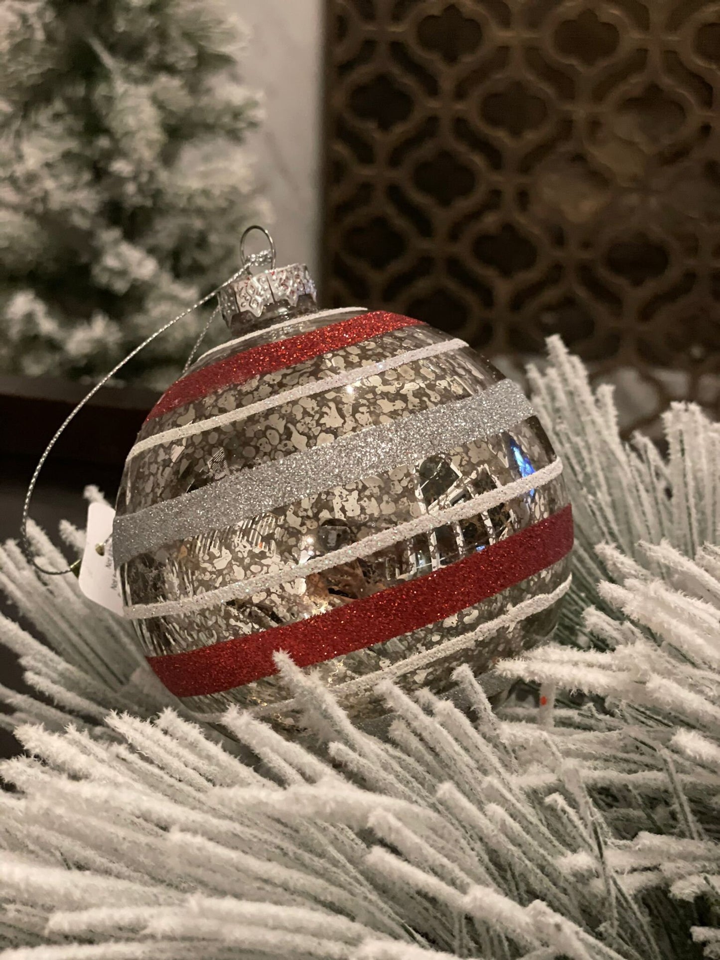 4" Striped glass ornament. Red and silver.