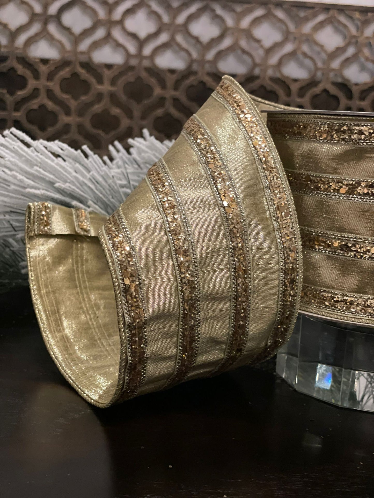 4” x10 yds. chunk glitter stripes gold. Wired. Farrisilk.