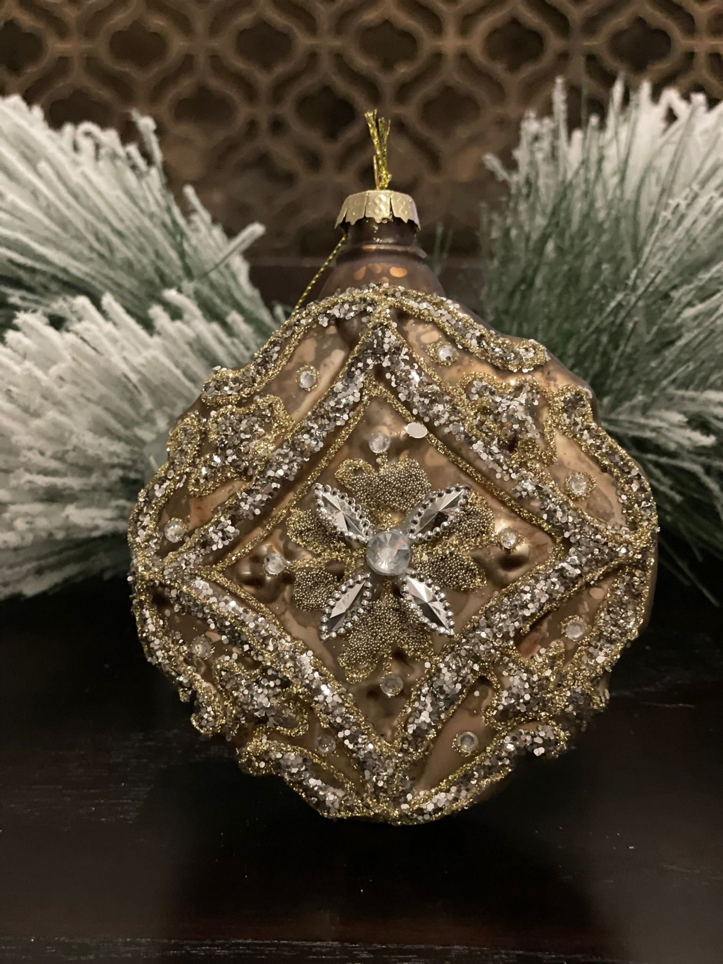 Set of 2. 4" Glass jewel encrusted floret disc ornament. Gold and silver.