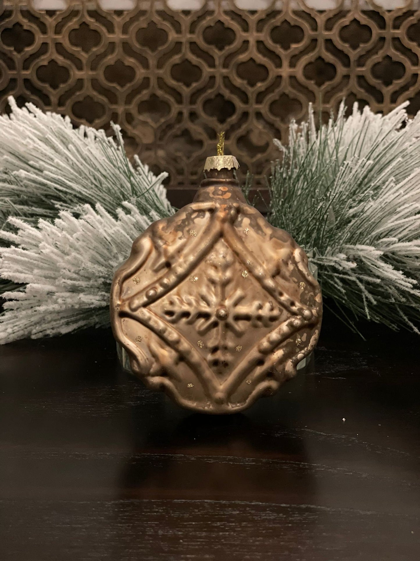 Set of 2. 4" Glass jewel encrusted floret disc ornament. Gold and silver.