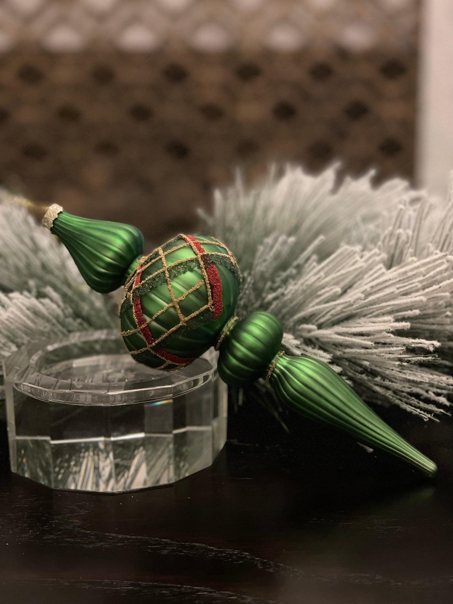 9" Mercury glass beaded plaid finial ornament.