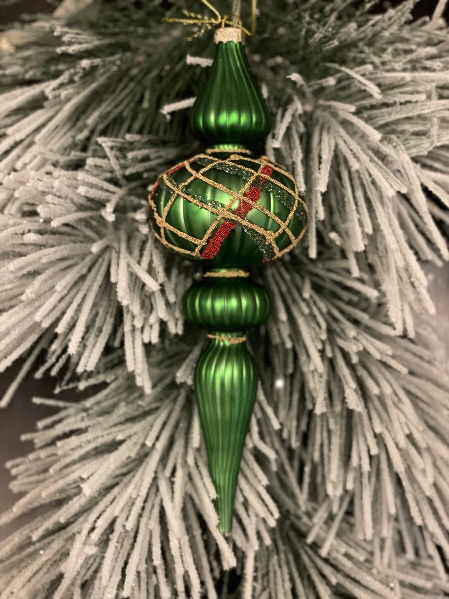 9" Mercury glass beaded plaid finial ornament.