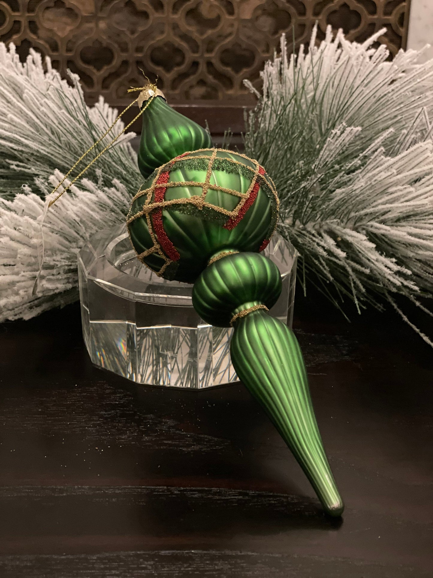 9" Mercury glass beaded plaid finial ornament.